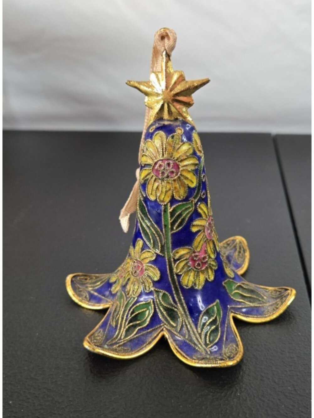 Vtg Cloisonne Bell Ornament Sunflowers Blue Yellow